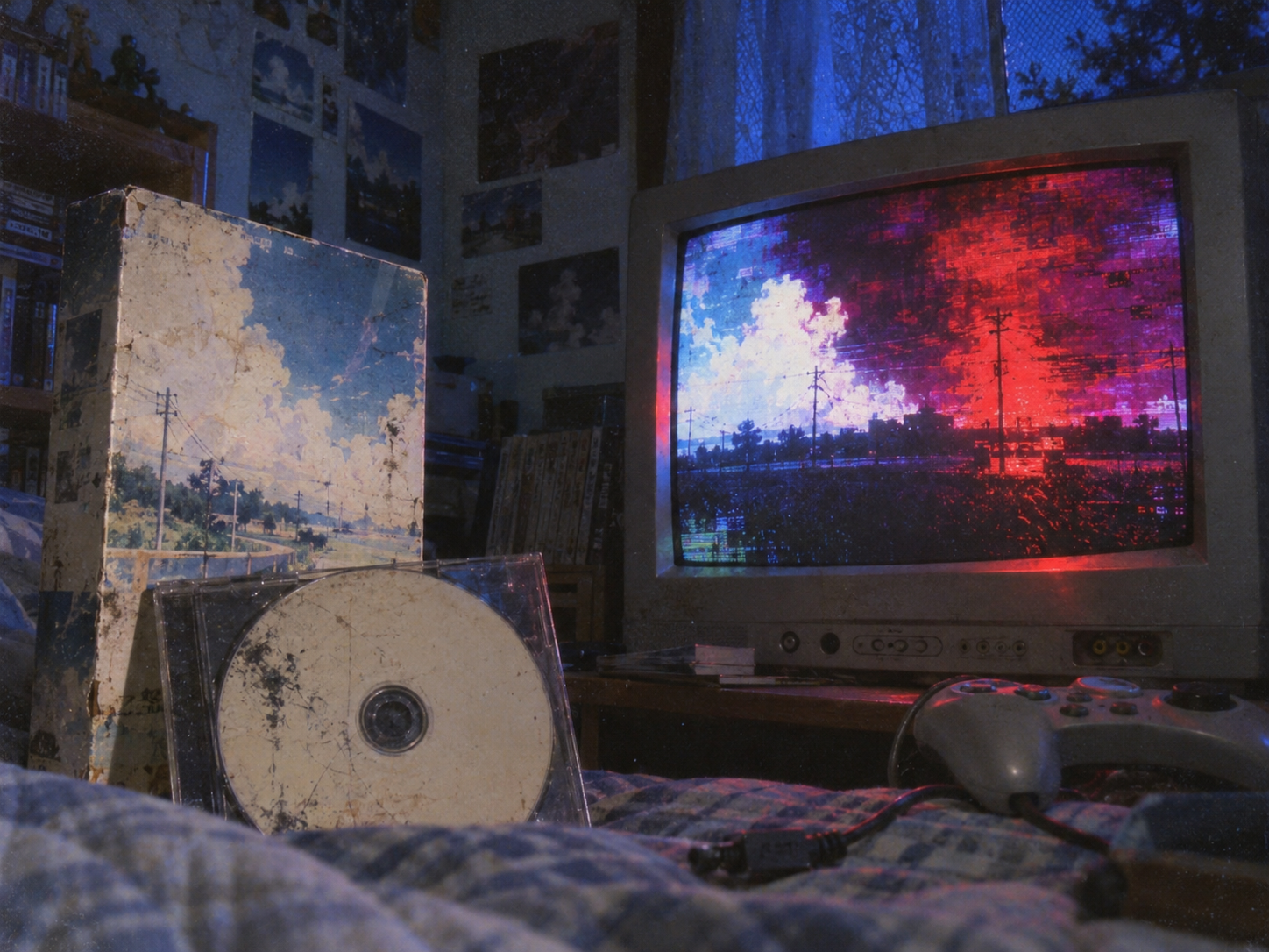 古いCRTと傷んだゲームディスクを表すオリジナル図版
